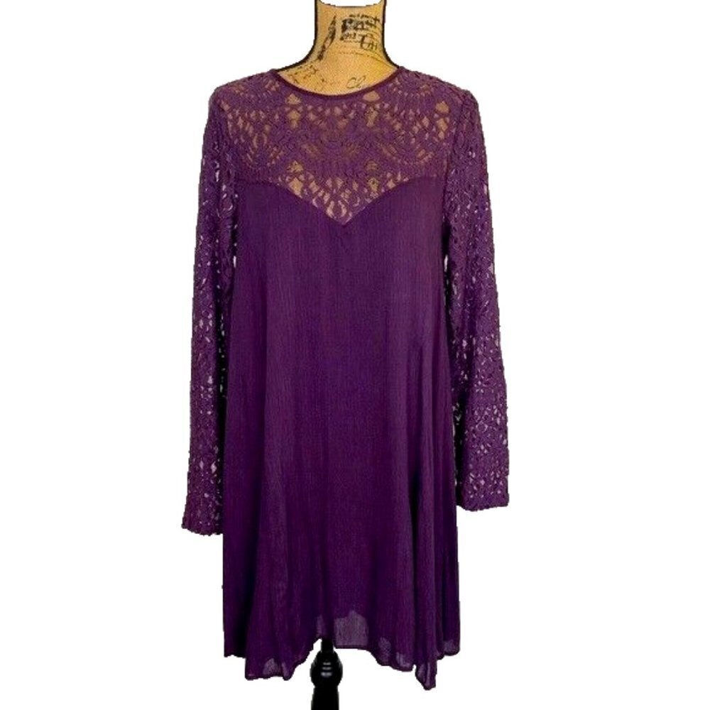 Anama Midi Dress Size L Lace Sleeve Long‎ Sleeve Open Back A Line Color Purple